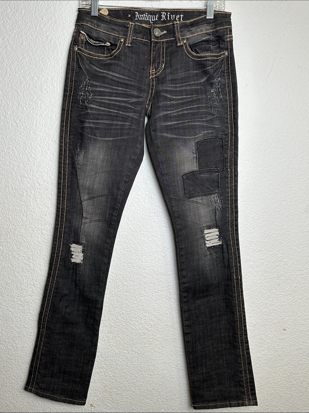 Y2K Womens Patch Jeans Distressed Low Rise Size 9 29 Antique Rivet